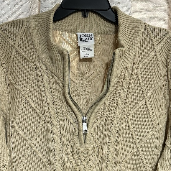 VINTAGE John Blair Cable Knit 3/4 Zip Mens L Tall Ivory Sweater 90 Pockets - Picture 2 of 8